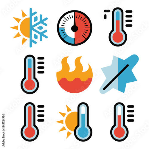 Temperature and climate icon set with thermometer heat cold sun snow weather indicator flat vector illustration collection