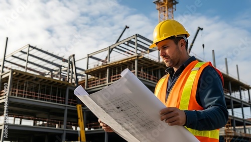 Construction Worker Examines Blueprints at Building Site