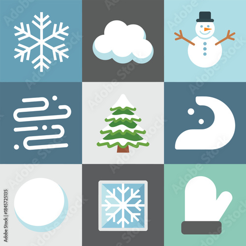 Cold season icon collection, snowflake cloud wind winter symbols, frosty climate elements, modern flat vector illustration design set