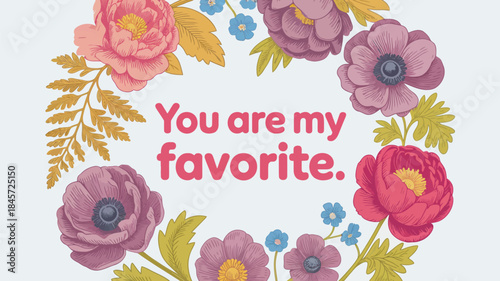 Vintage botanical flowers wreath with pink purple red blue and yellow hues on white background with colorful text