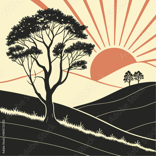 Stylized illustration of a solitary tree on a rolling hill against a rising sun with dramatic sunbeams, evoking a sense of dawn or sunset in a vintage woodcut or linocut art style