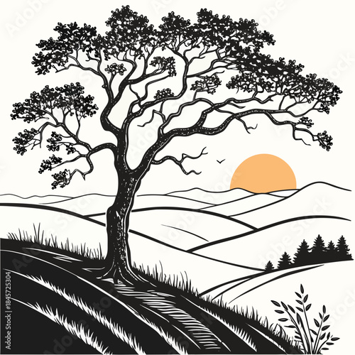 Black and white woodcut style illustration of a solitary, mature tree silhouetted against rolling hills and a setting sun, evoking a sense of nature and landscape art