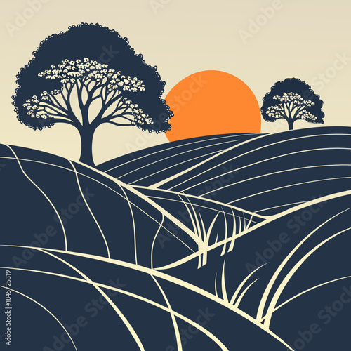 Stylized landscape illustration of rolling hills with trees silhouetted against a setting or rising orange sun, evoking a serene, vintage, or minimalist aesthetic