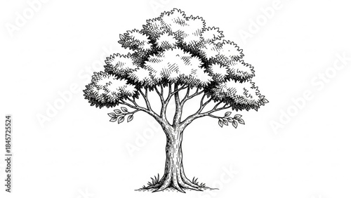 Monochrome tree illustration: An artistic monochrome illustration showcases a mature tree with a textured trunk and full canopy.