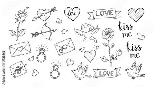 A collection of hand-drawn doodle elements for valentine's day and romance theme