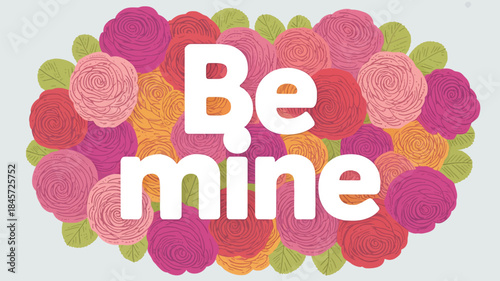 A circular wreath made of hand drawn roses in pink, red, orange and green hues forms a lovely background for the phrase be mine in bold white