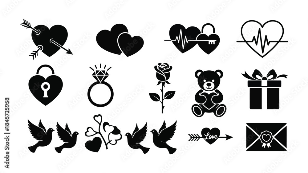 Obraz premium Collection of cute black and white love icons for valentine's day and romantic themes