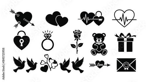 Collection of cute black and white love icons for valentine's day and romantic themes