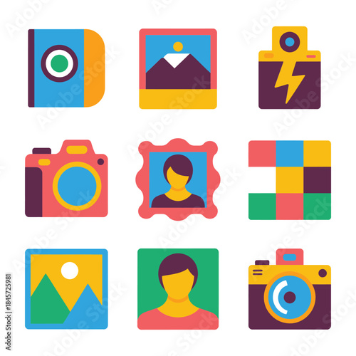 Photography and media content icon set, camera image profile gallery portrait symbols, visual storytelling elements, colorful flat vector illustration