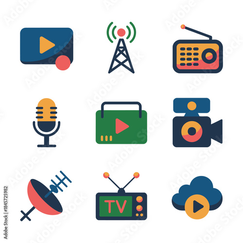 Online video streaming icon pack, microphone camera radio signal broadcast symbols, content sharing platform elements, clean flat vector illustration