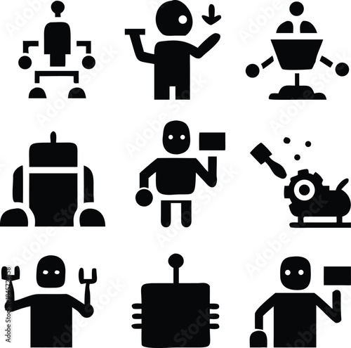 Nine black icons representing robots and mechanical figures