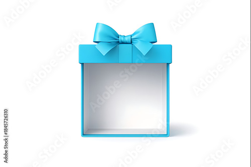 Vertical front view of an open empty bright turquoise blue gift box with a perfect bow isolated on a clean white background display mockup