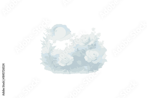 Delicate blue floral arrangement with moon and roses under daylight