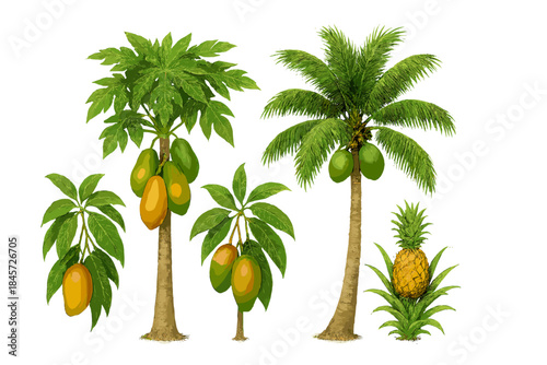Tropical fruit trees with mangoes, coconuts, pineapple on white background