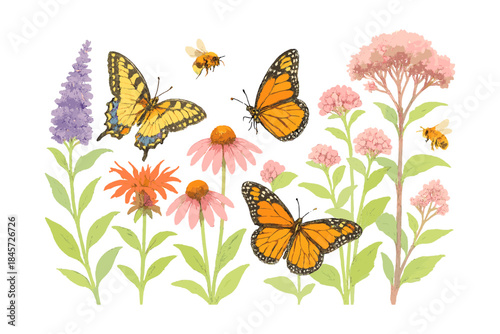 Colorful butterflies and bees among vibrant flowers in lush garden scene
