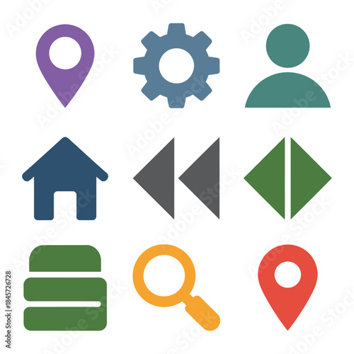 Navigation interface icon set, home arrow search location profile symbols, user experience controls, modern flat vector illustration design