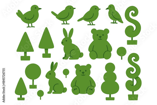 Green silhouettes of birds, rabbits, bears, and trees in whimsical design