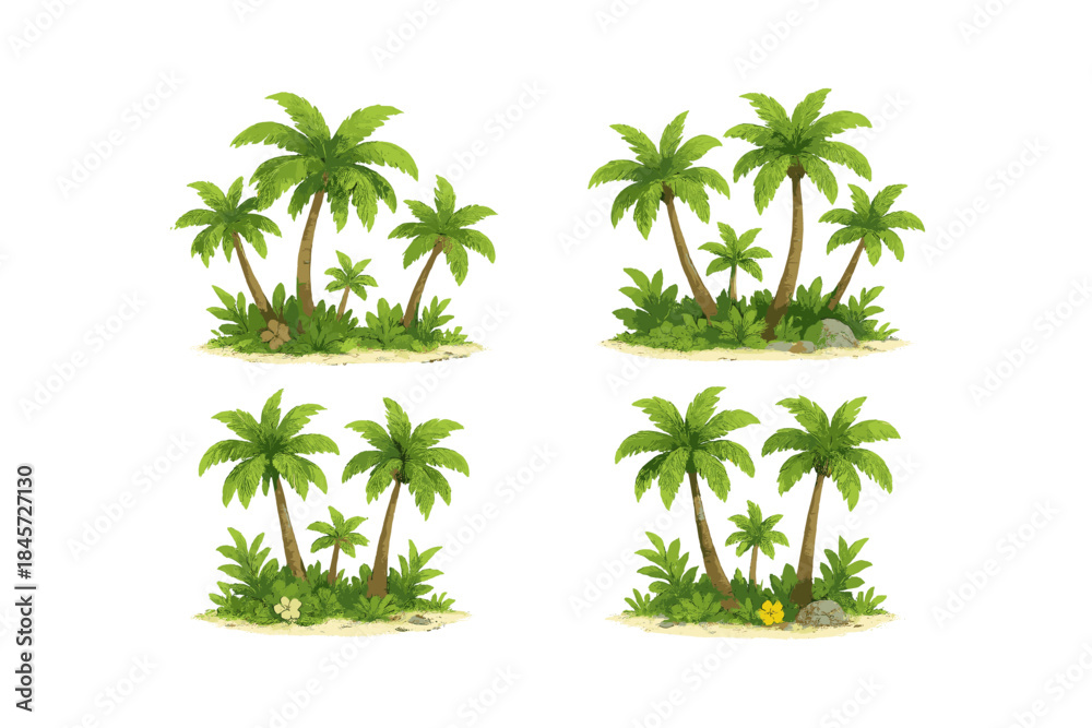Fototapeta premium Tropical palm trees and lush foliage on white background