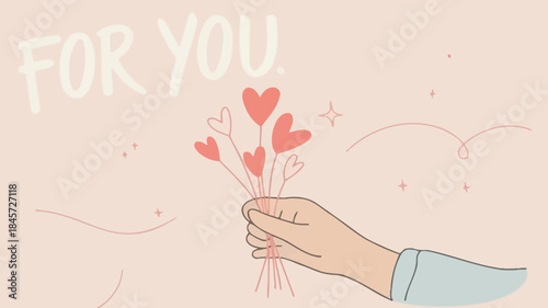 A minimalist illustration of a hand holding pink hearts on a pastel background with the phrase for you, perfect for valentine's day or love