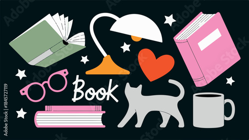 Cozy Reading Scene A Flat Lay Illustration of Books, a Cat, and Reading Essentials