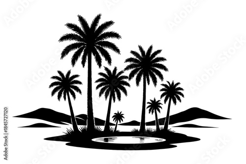 Silhouette of palm trees and oasis in desert landscape