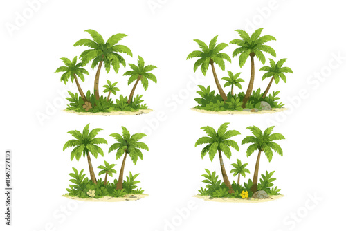 Tropical palm trees and lush foliage on white background