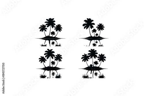 Tropical island silhouettes with palm trees and reflections