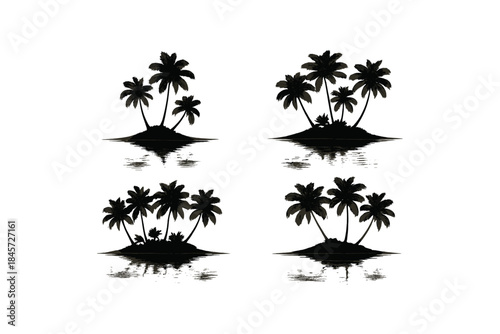 Silhouette of palm tree islands with water reflections