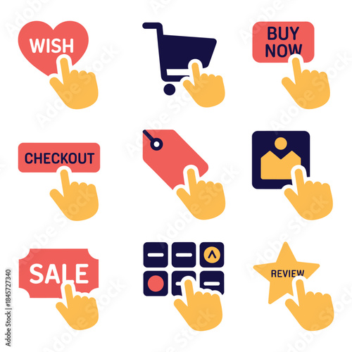 Online purchase interaction icons, cart buy now sale wishlist checkout symbols, ecommerce user actions, colorful flat vector illustration