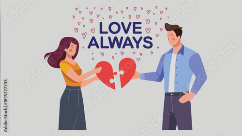 A minimalist flat style illustration of a man and woman holding a puzzle heart with love always text surrounded by hearts
