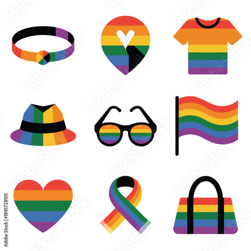Pride lifestyle icon collection, rainbow clothing accessories heart ribbon flag symbols, diversity celebration flat vector illustration design set