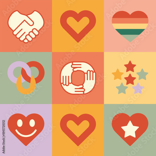 Inclusive love symbols collection, rainbow hearts handshake peace signs, diversity acceptance unity theme, modern flat vector illustration design
