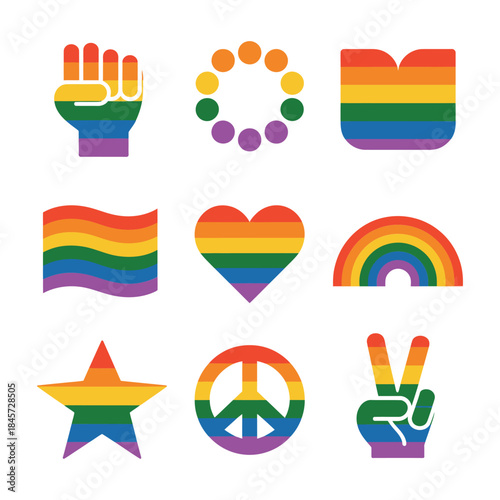 Pride empowerment icon collection, rainbow fist heart flag star symbols, equality activism support theme, modern flat vector illustration