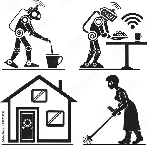 Four Silhouette Icons of Robots and Housekeeping automation
