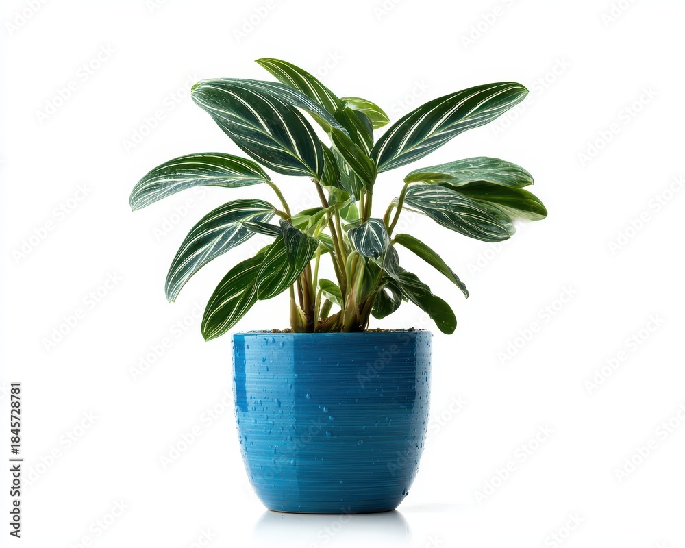 Obraz premium Lush Stromanthe Plant Displayed in a Blue Pot, Showcasing Beautiful Growth Against a Crisp White Background