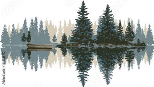 Serene Boat Floating on Water Surrounded by Trees and Forest