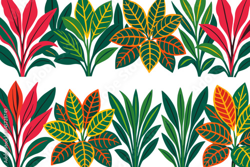 Vibrant tropical leaves pattern with colorful foliage and symmetric design