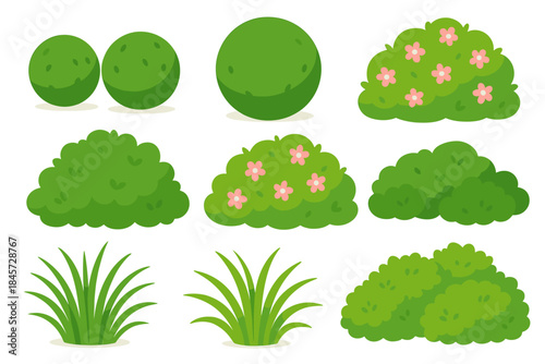 Cartoon bushes and shrubs collection with flowers and grass