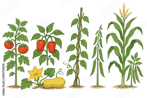 Garden vegetables: tomato, pepper, green bean, corn, squash lineup