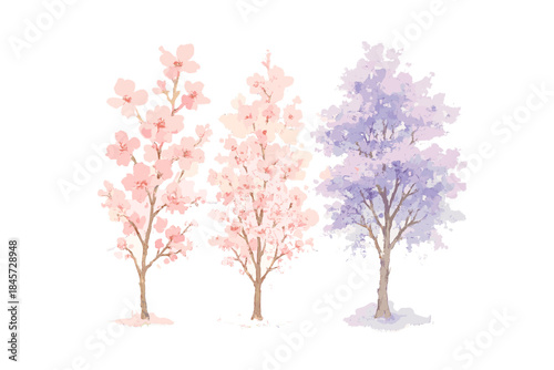 Watercolor cherry blossom and lavender trees in bloom