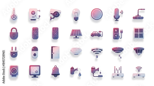 Smart home devices and technology icons in pink and purple hues