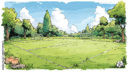 Lush Cartoon Soccer Field with Trees and Players Illustration