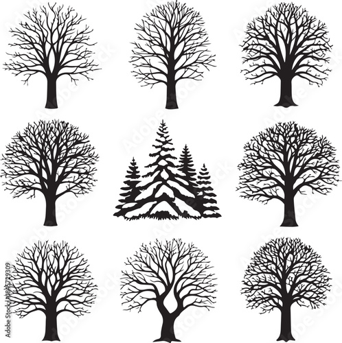 A simple vector set of black tree silhouettes with bare branches in a winter forest landscape