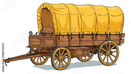 Cartoon Wooden Wagon with Yellow Cover Vector Illustration