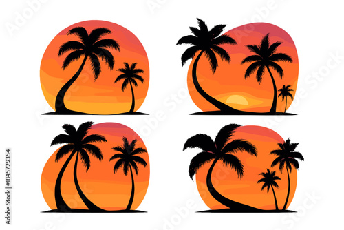 Silhouetted palm trees at sunset in vibrant orange sky