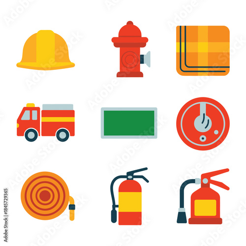 Fire safety equipment icon set, helmet extinguisher truck hose symbols, emergency response protection theme, modern flat vector illustration