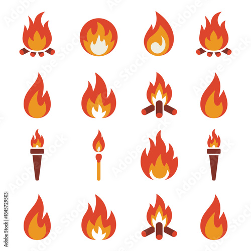 Flame symbol icon collection, fire torch campfire blaze variations, heat energy elements, decorative flat vector illustration design