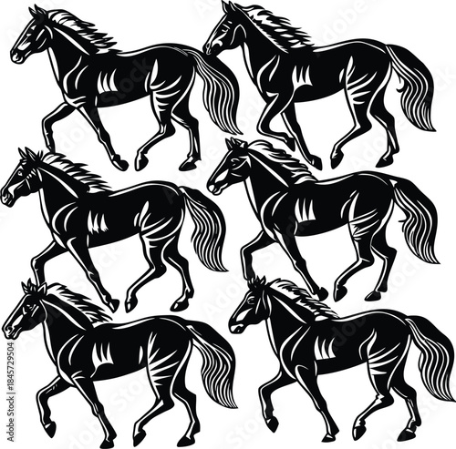 A vector illustration showing a set of black and white horses in silhouette, running and jumping in different equestrian poses