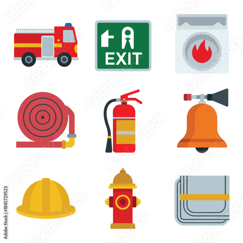 Emergency firefighting icon collection, fire truck hydrant helmet alarm hose symbols, rescue response equipment theme, flat vector design