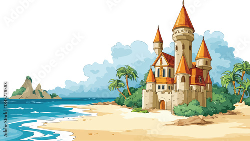 Majestic Castle Overlooking Beach Vector Illustration with Outline